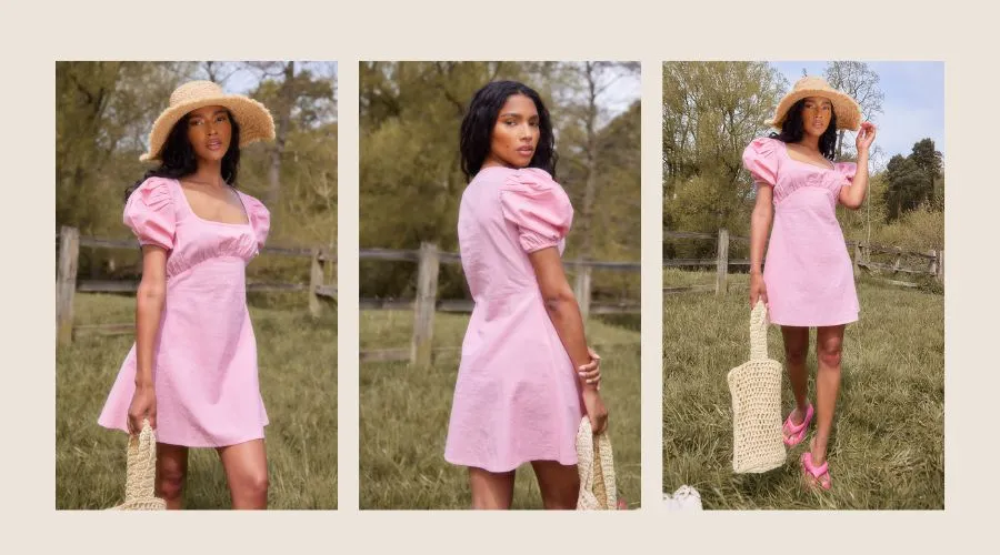 Candy Pink Puff Sleeve Square Neck Smock Dress
