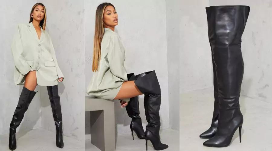Black Faux Leather Pointed High Heel Over the Knee Boots