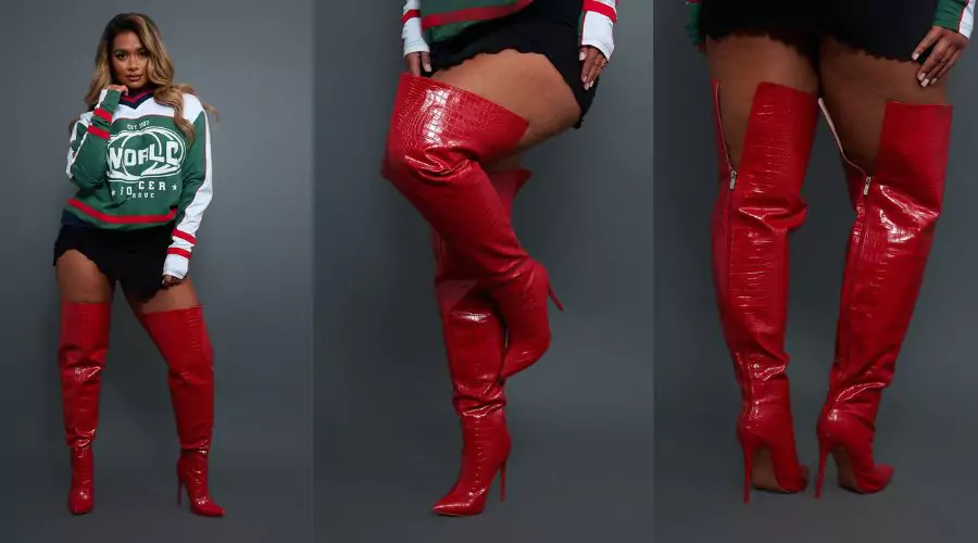 The Red PU Croc Point Toe Thick Thigh High Heeled Boots