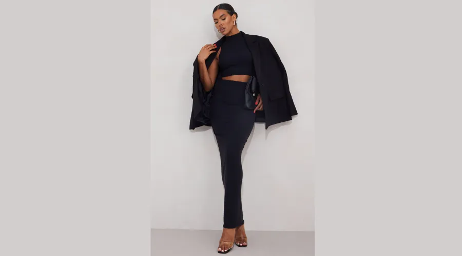 Black Textured Jersey High Waist Midaxi Skirt
