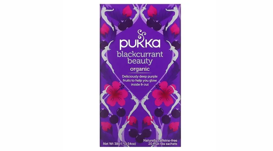 Pukka herbs, organic blackcurrant beauty, caffeine-free, 20 fruit tea sachets, 0.07 oz (1.9 g) Each | Nowandlive