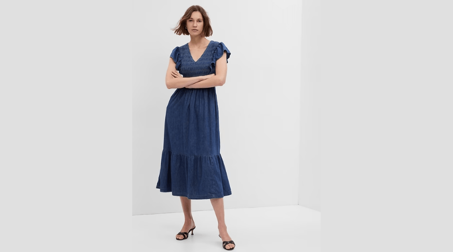 100% Organic Cotton Denim Ruffle Sleeve Smocked Midi Dress with Washwell