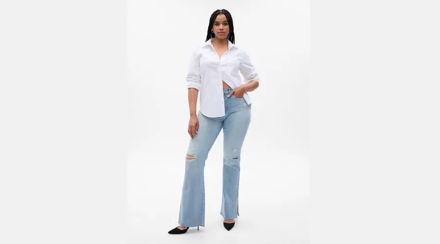 High rise split-hem ‘70s flare jeans with washwell