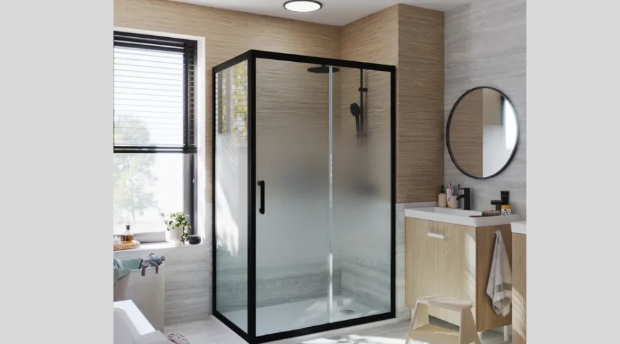 Rectangular sliding shower enclosure, black silk-screened