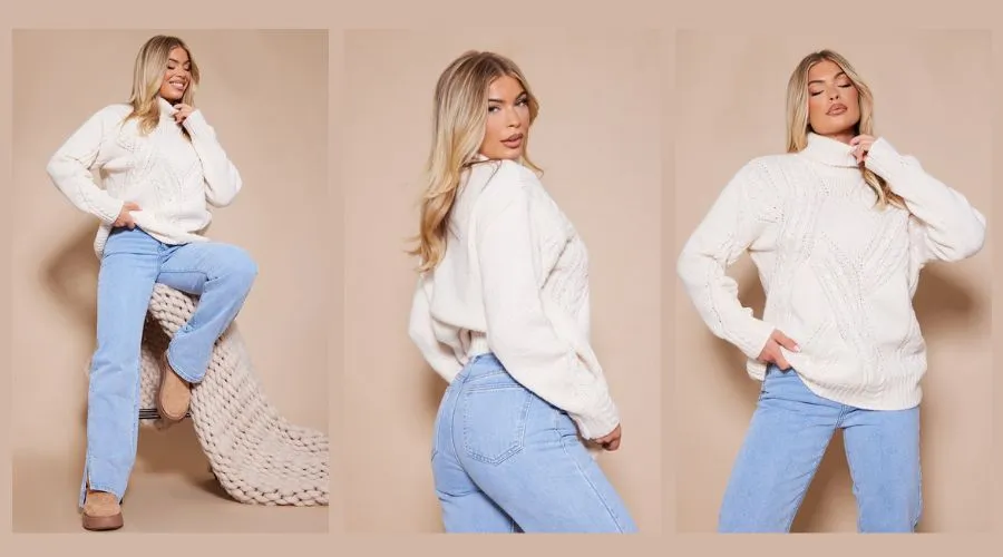 Cream Oversized Cable Knit Roll Neck Knit Sweatshirt
