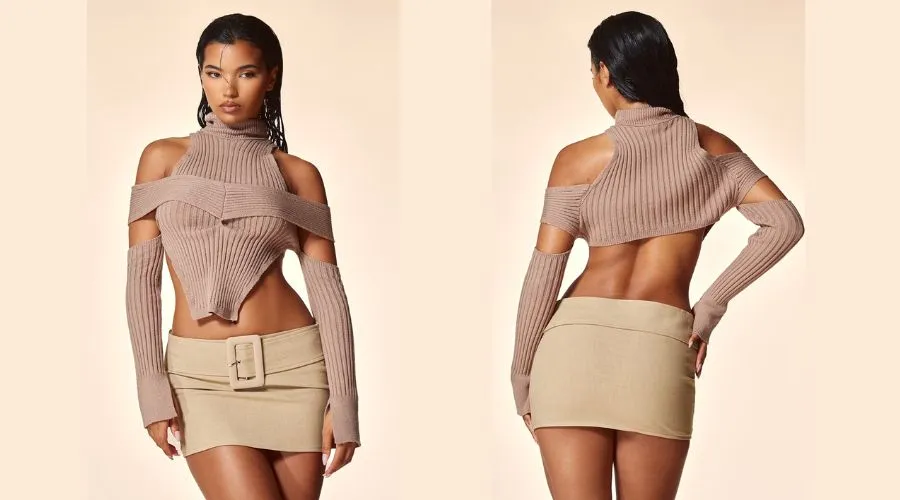 Plt Label Taupe Cut Out Knitted Long Sleeve Top