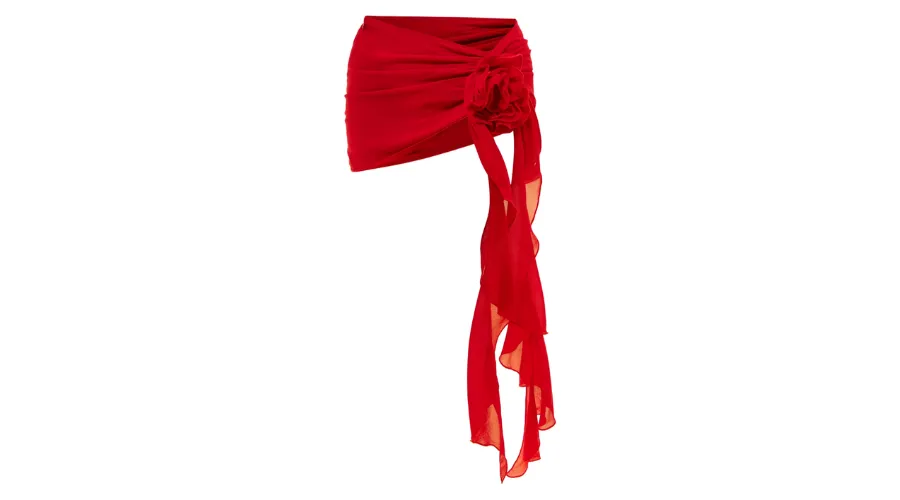 Red chiffon flower detail drape mini beach skirt
