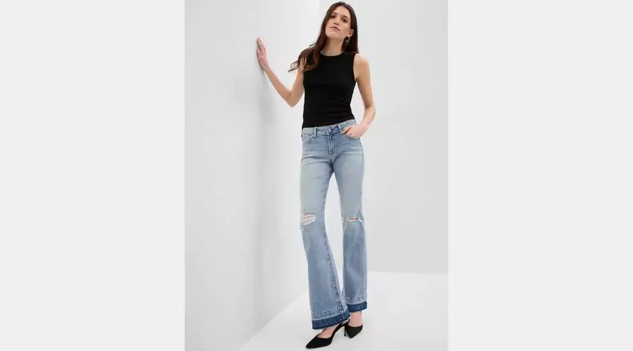 Low Rise '70s Flare Jeans with Washwell- Light Indigo Destroy