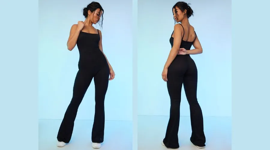 Black Ribbed Strappy Square Neck Flared Jumpsuit