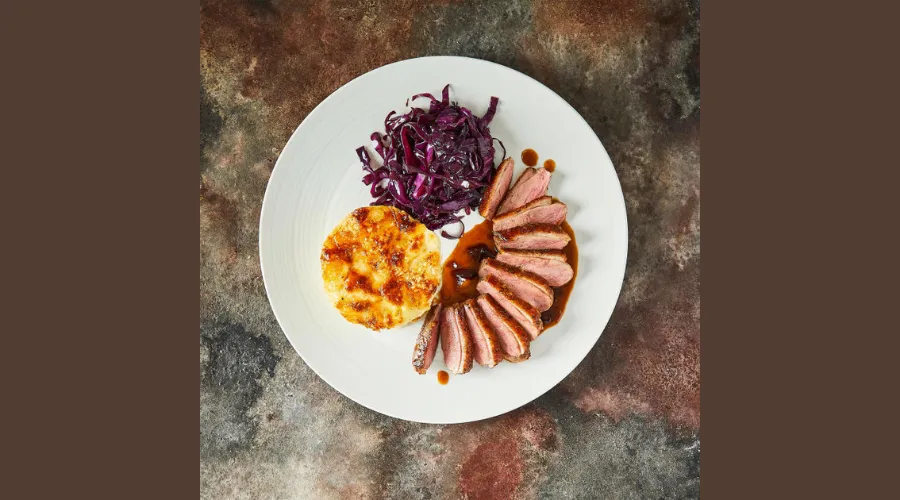 Duck Breast, Braised Red Cabbage, Potato & Parsnip Gratin