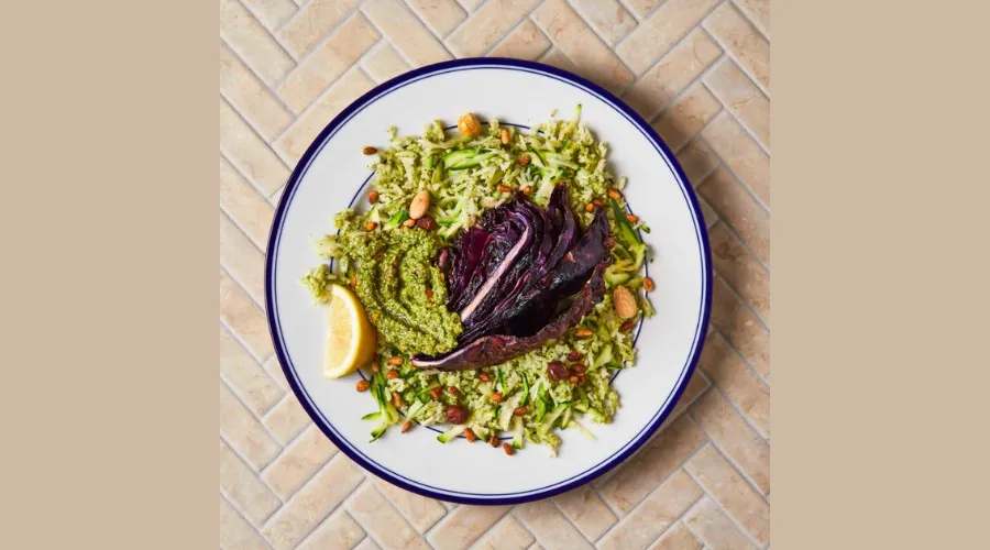 Roasted Red Cabbage Wedges with Nutty Pesto Rice