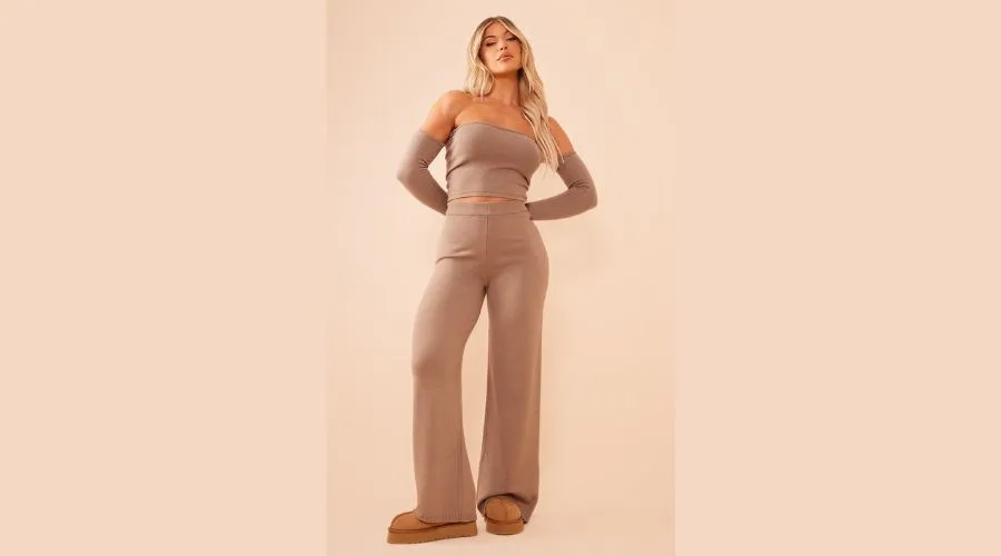 Taupe Knitted Wide Leg Trousers 