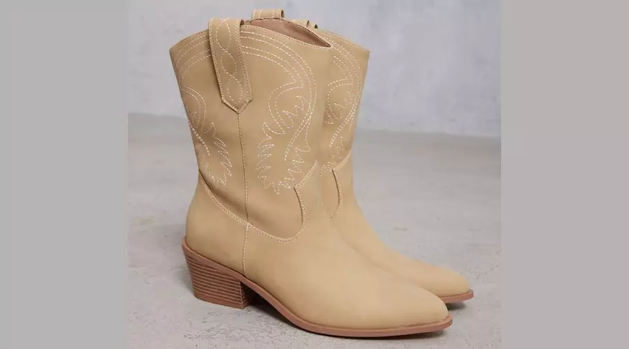 Beige Faux Leather Pointed Stitch Detailing Calf Western Boots