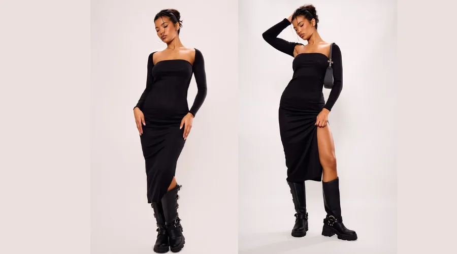 Black Soft Rib Detachable Sleeve Midaxi Dress
