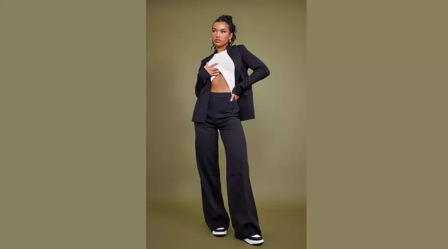 Black Woven High Waisted Tailored Wide Leg Trousers