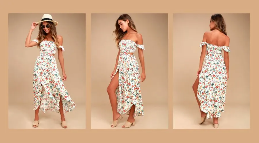 Off-shoulder maxi dress Easy on the eyes cream floral print