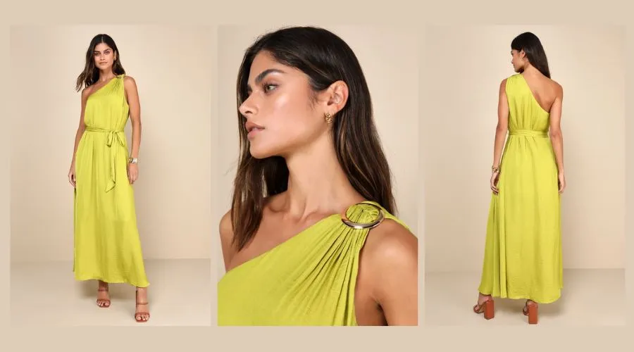 Goddess Aura Chartreuse Satin One-Shoulder Maxi Dress