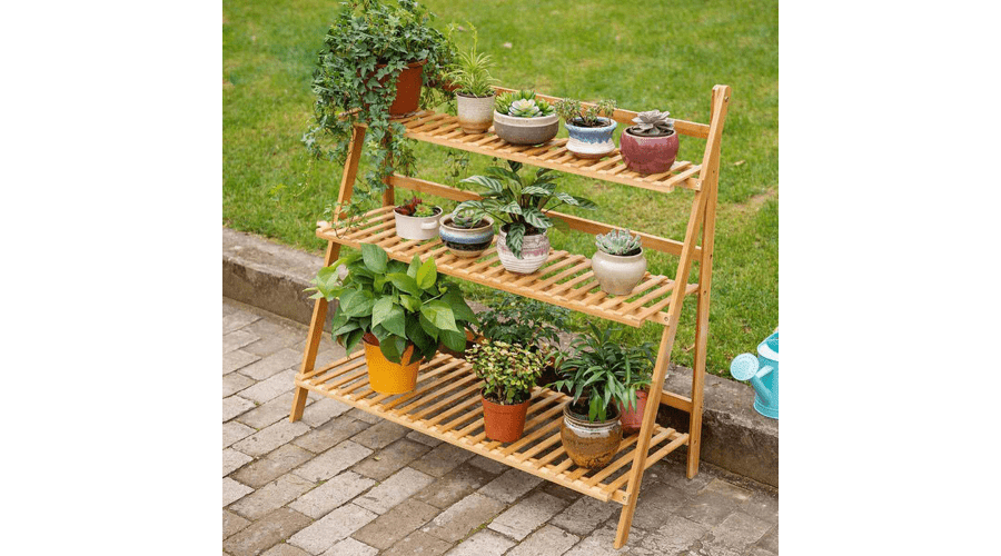Light Brown 3 Tier Wooden Plant Stand Foldable Shelf