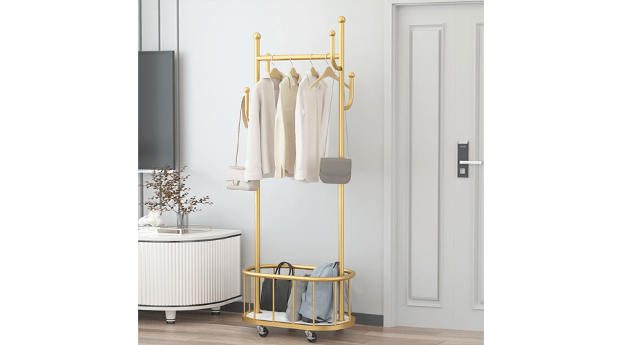 Luxury Garment Coat Rack Hanging Rail Clothes Stand and 4 Hooks with Casters