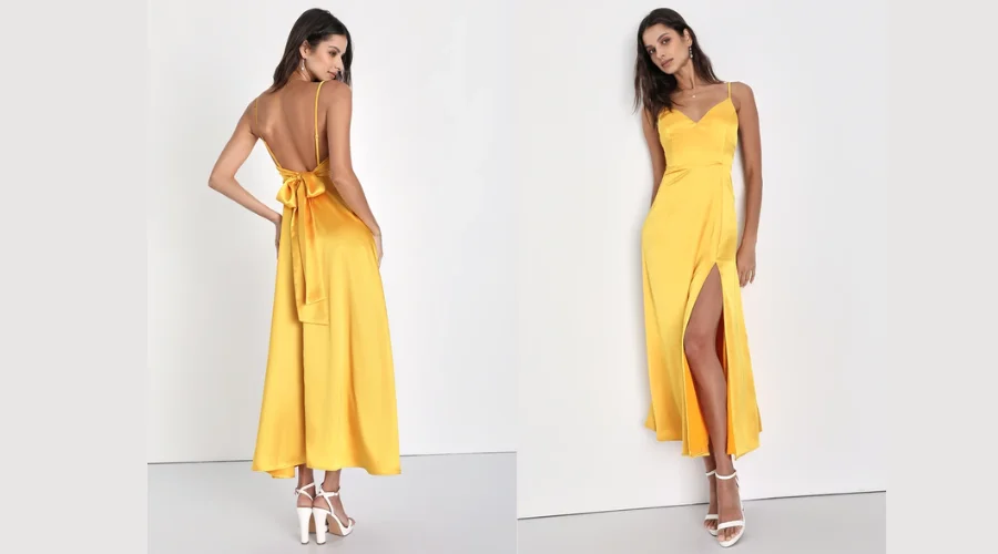 Marigold Yellow Satin semi formal dresses for women