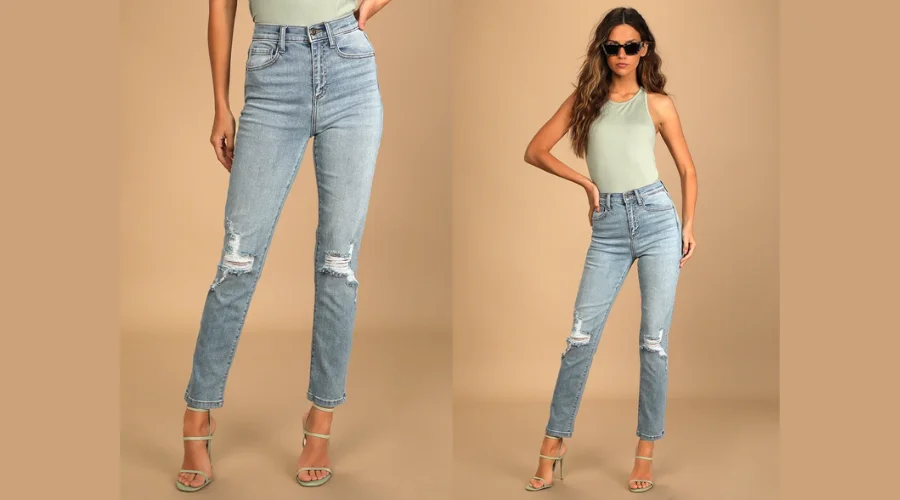 Number One Choice Light Wash Distressed High Rise Mom Jeans 