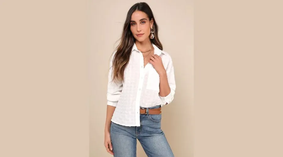Simply Impressive Ivory Textured Collared Button-Up Top