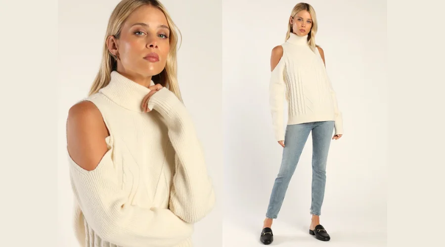 Wintery Wishes Ivory Cable Knit Cold Shoulder Pullover Sweater