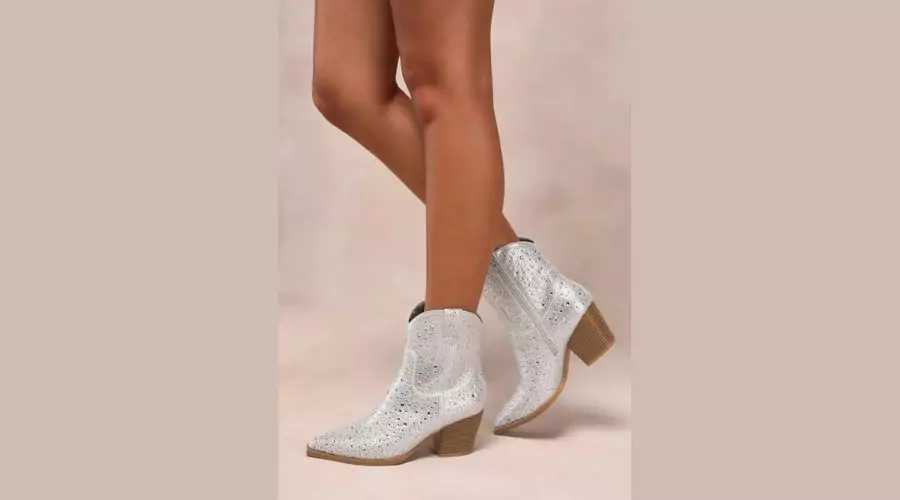 Belinnda Silver Rhinestone Pointed-Toe Ankle Booties