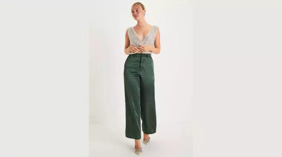 Sleek Statement Emerald Green Satin High Rise Wide-Leg Trousers 