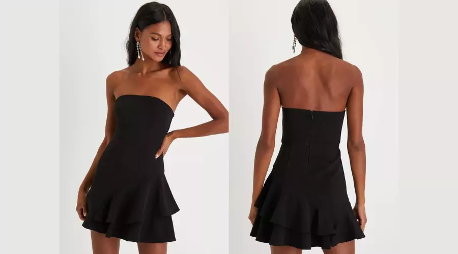 Sultry Intentions Black Strapless Ruffled Mini Dress