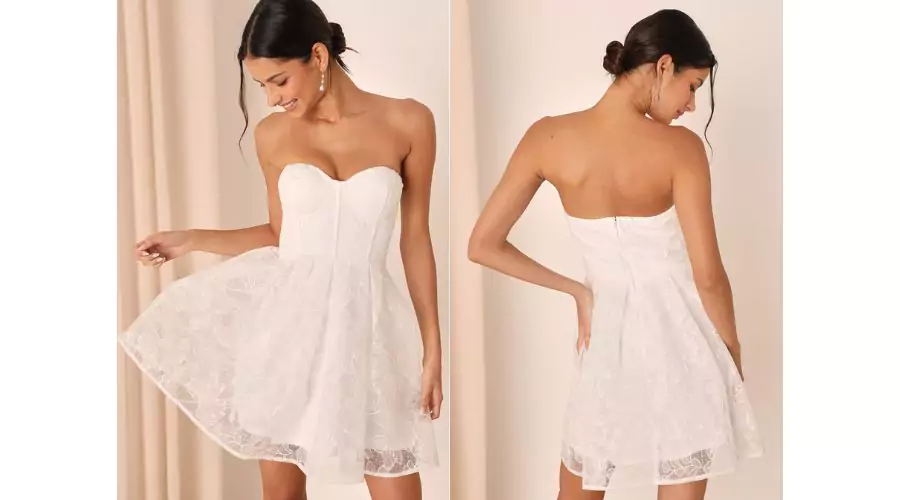 White Embroidered Strapless Tulle Mini Dress