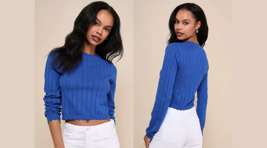 Cobalt Blue Pointelle Knit Cropped Sweater