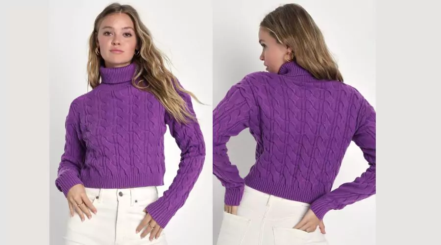 Purple Cable Knit Cropped Turtleneck Sweater
